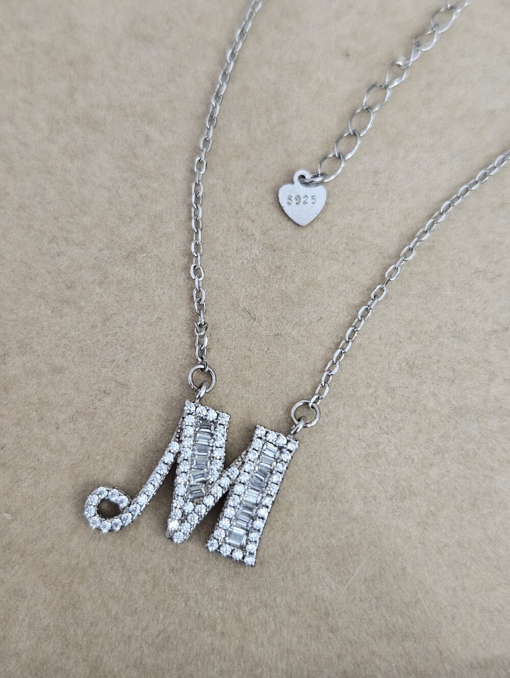 Sterling Silver Initial Letter M Pendant Necklace Simulated Diamond 925